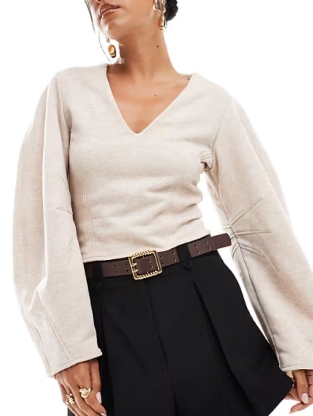 ASOS Design Structured Balloon Sleeve Crop Top Women's L Oatmeal V Neck Cozy